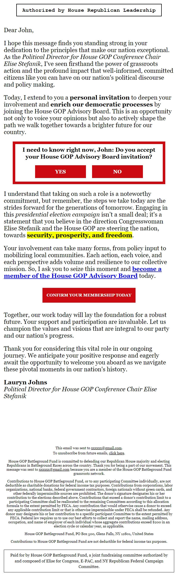 Screenshot of the email generated on import