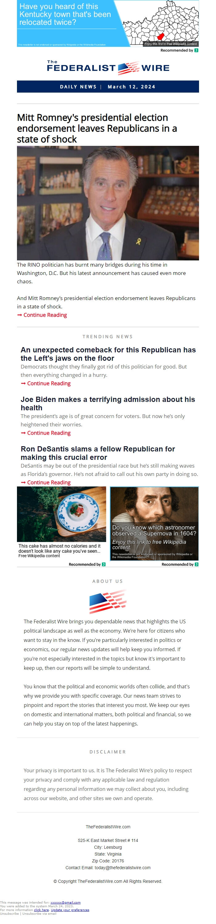 Screenshot of the email generated on import