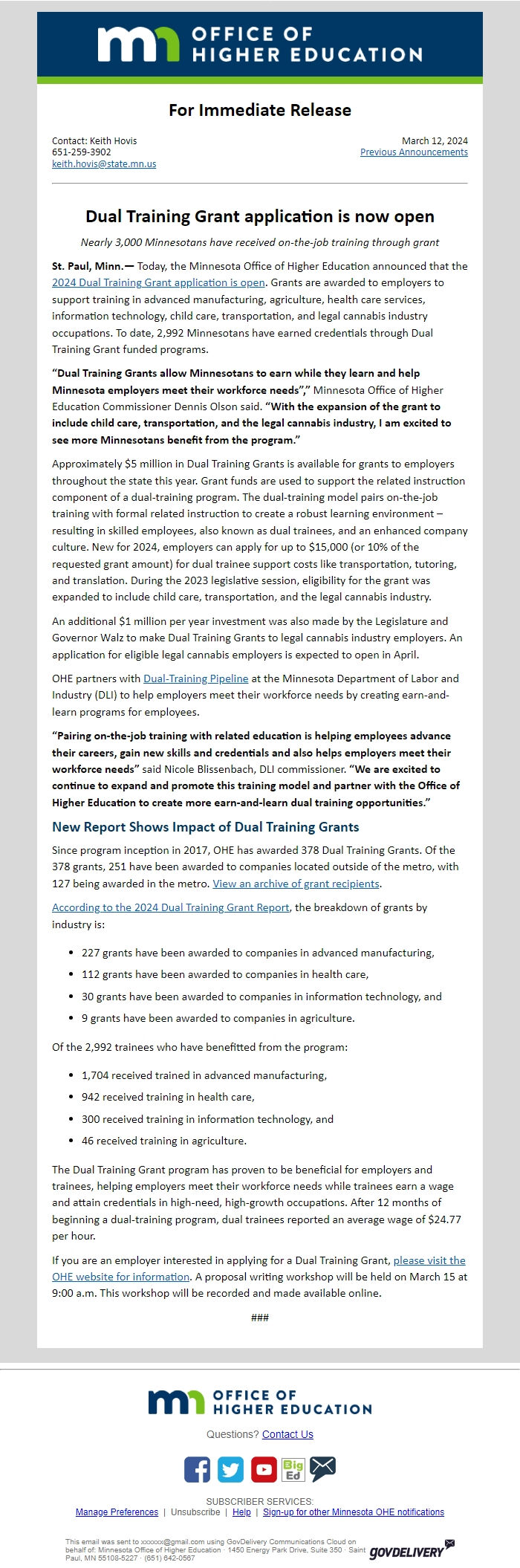 Screenshot of the email generated on import