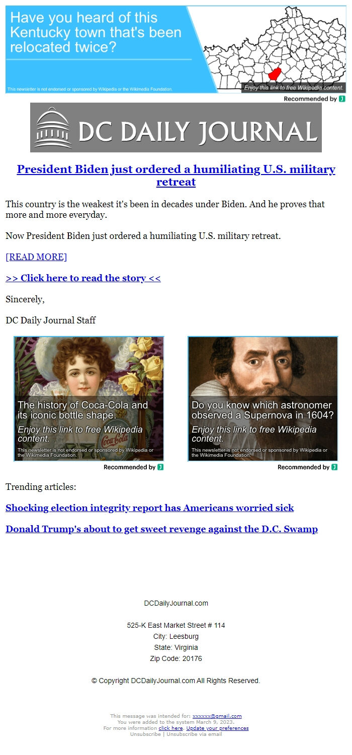 Screenshot of the email generated on import