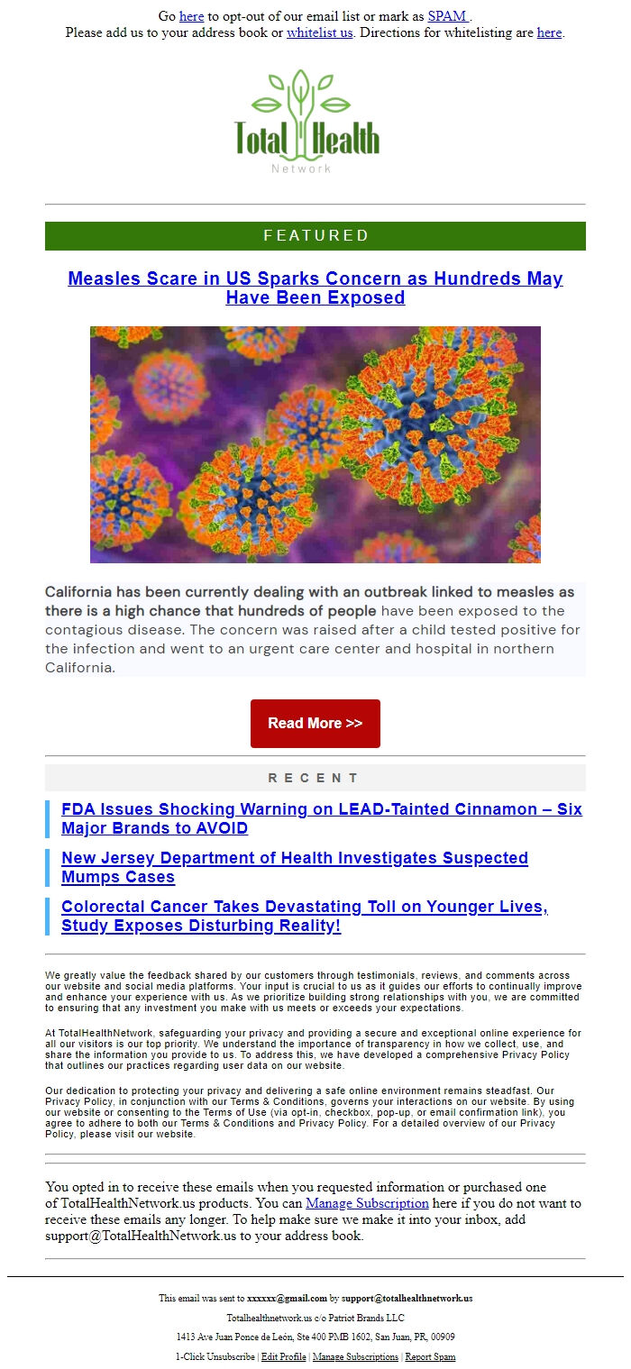 Screenshot of the email generated on import