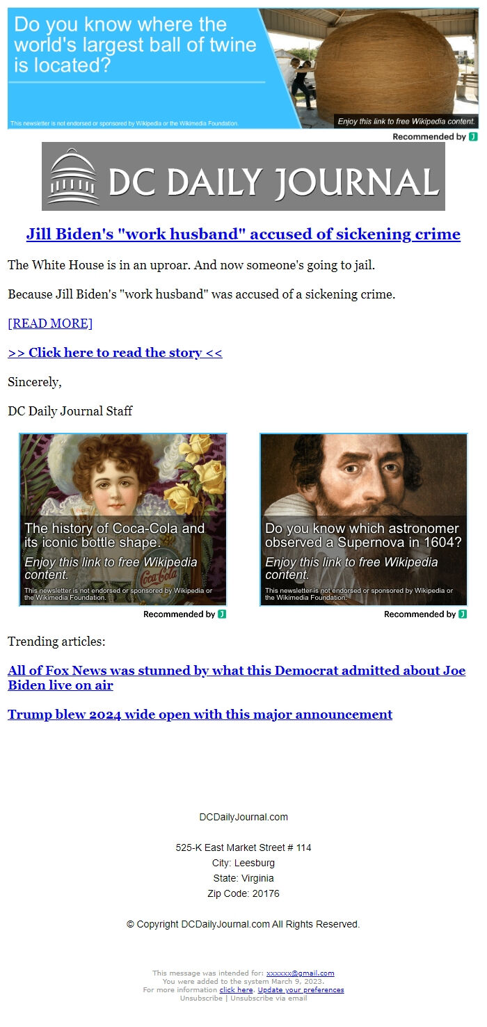 Screenshot of the email generated on import