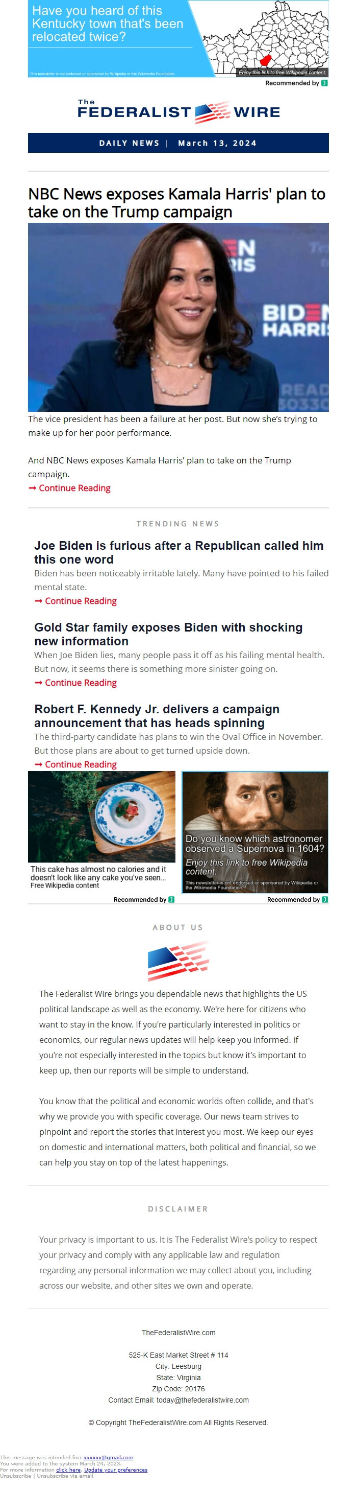 Screenshot of the email generated on import