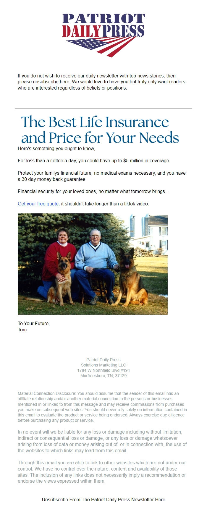 Screenshot of the email generated on import