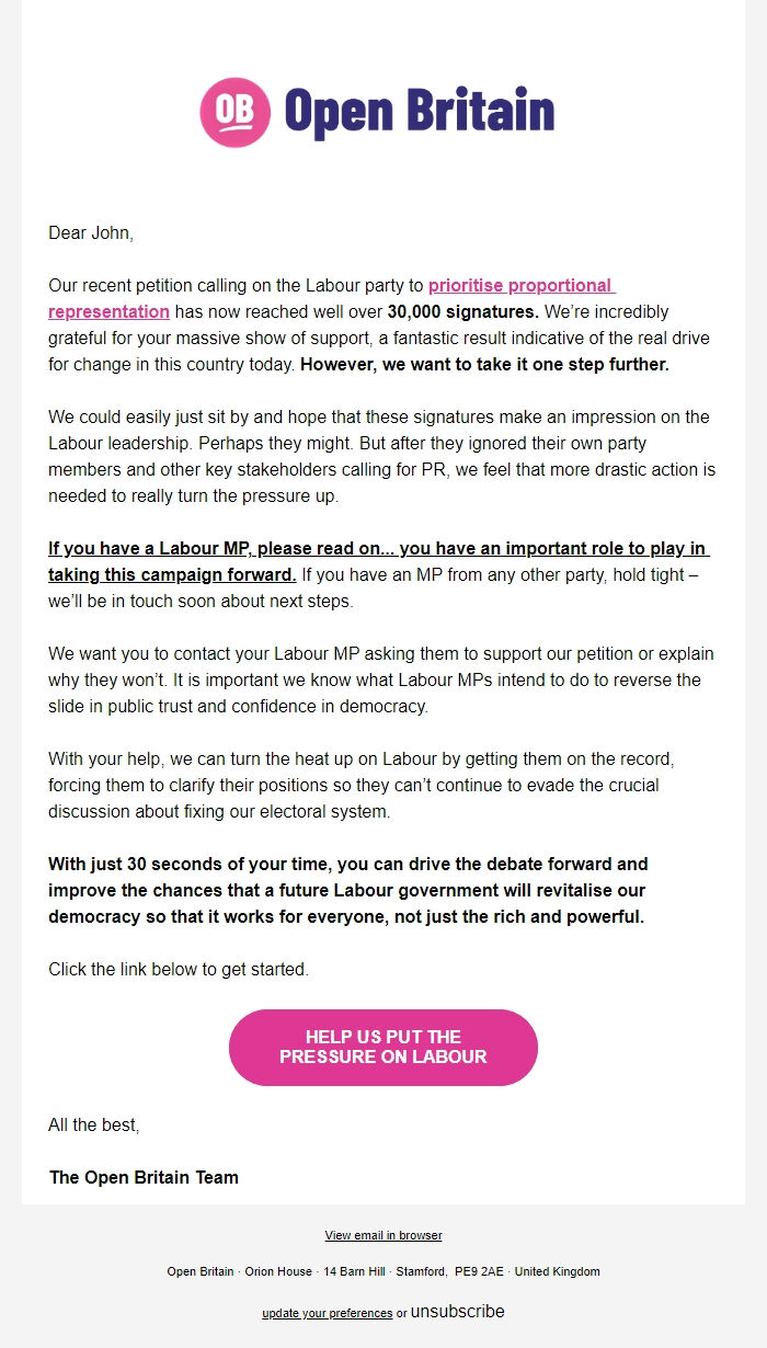 Screenshot of the email generated on import