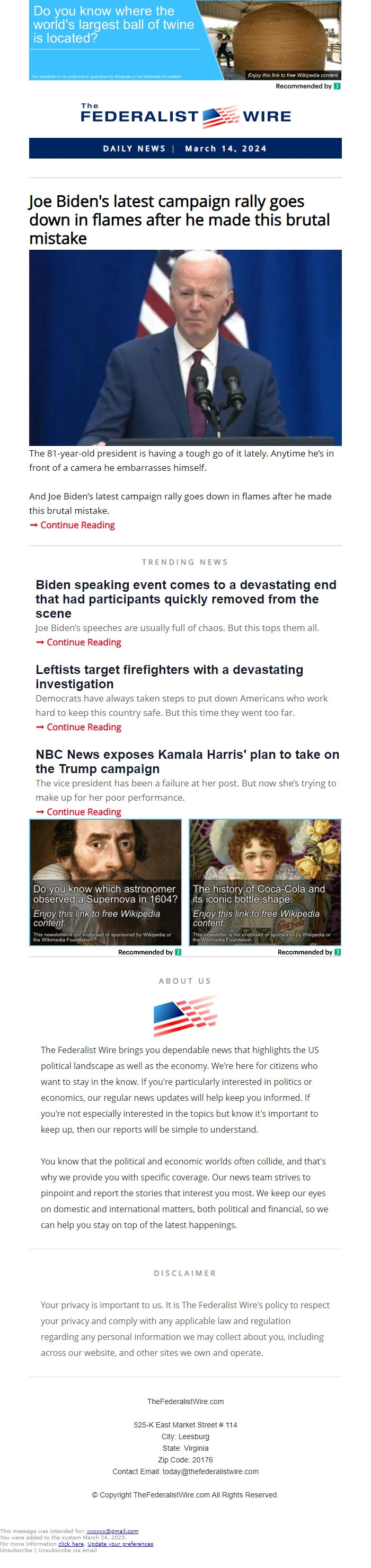 Screenshot of the email generated on import