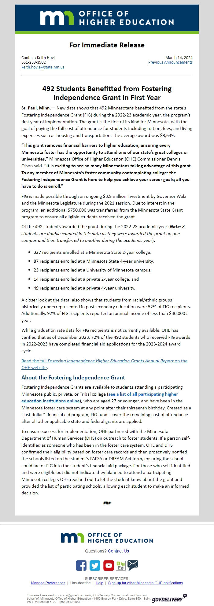 Screenshot of the email generated on import