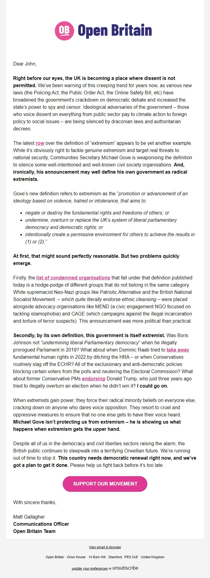 Screenshot of the email generated on import