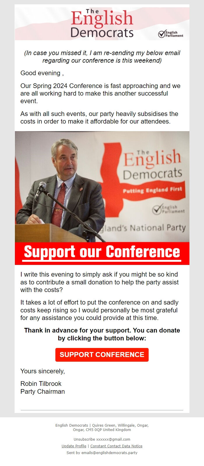 Screenshot of the email generated on import