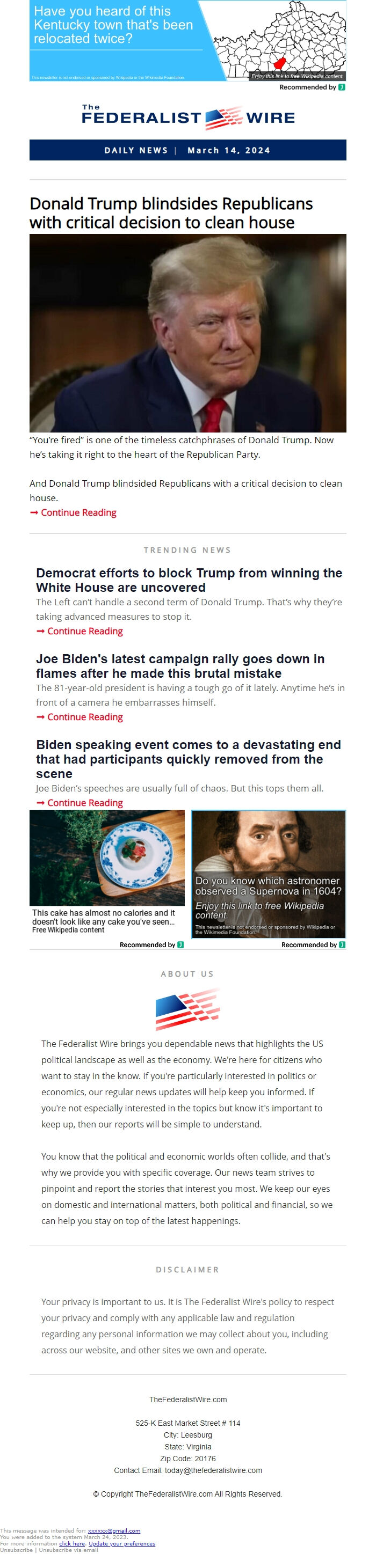 Screenshot of the email generated on import