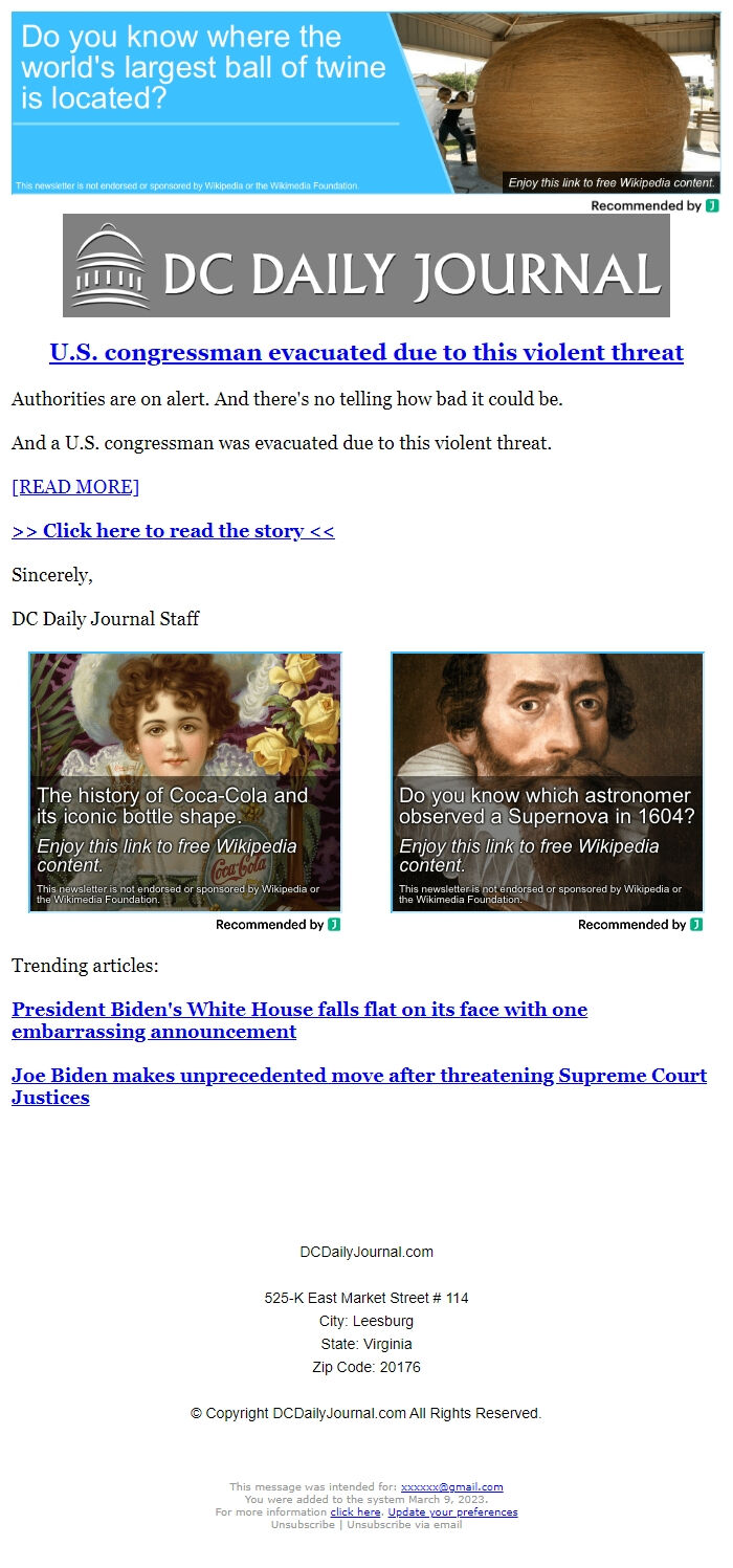 Screenshot of the email generated on import