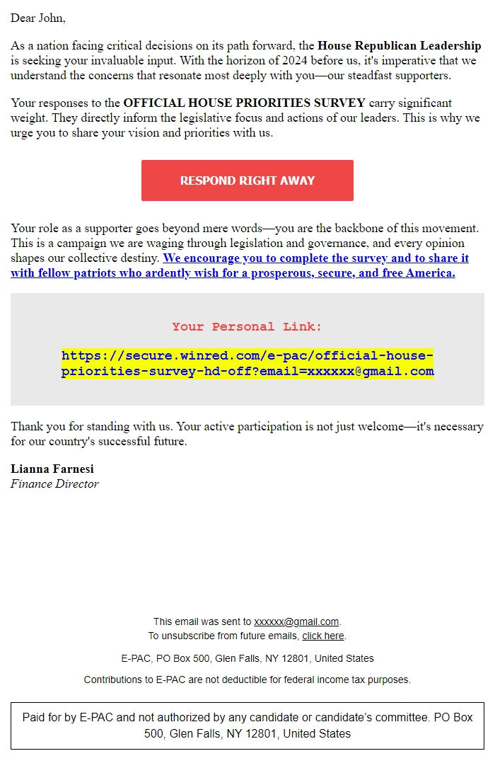 Screenshot of the email generated on import