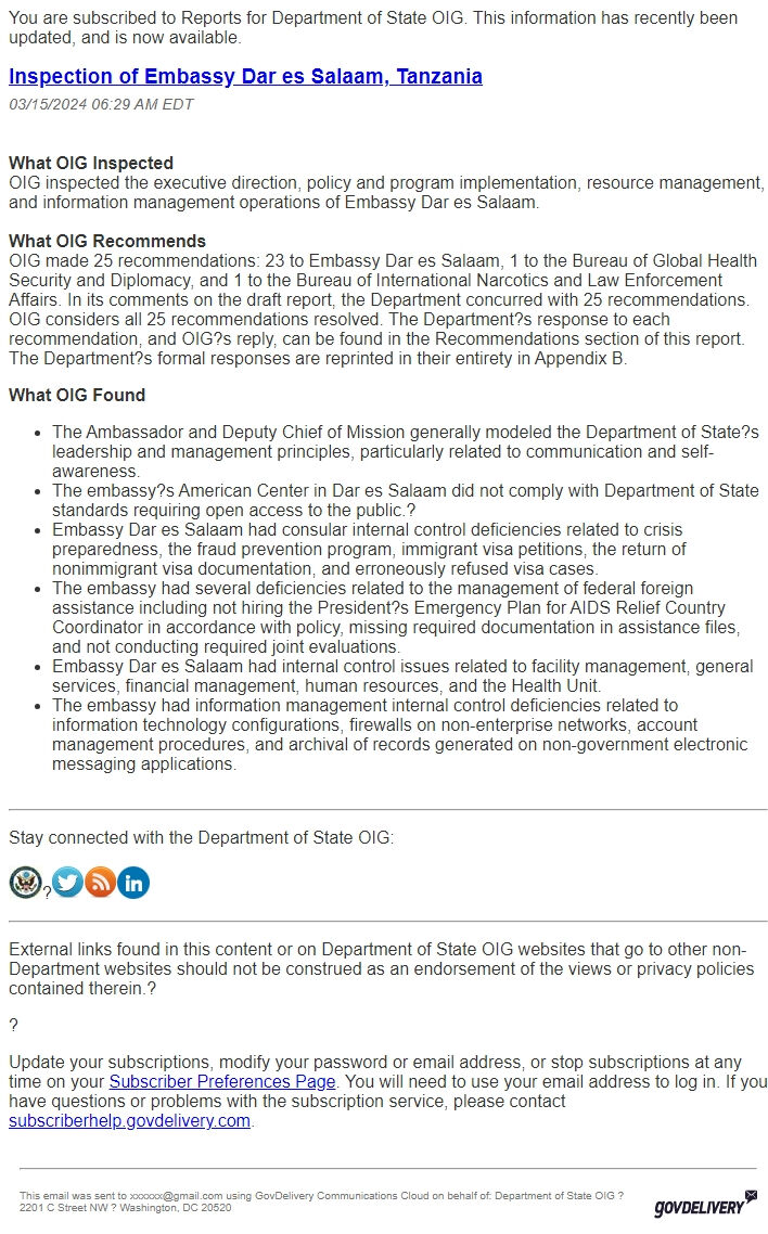 Screenshot of the email generated on import