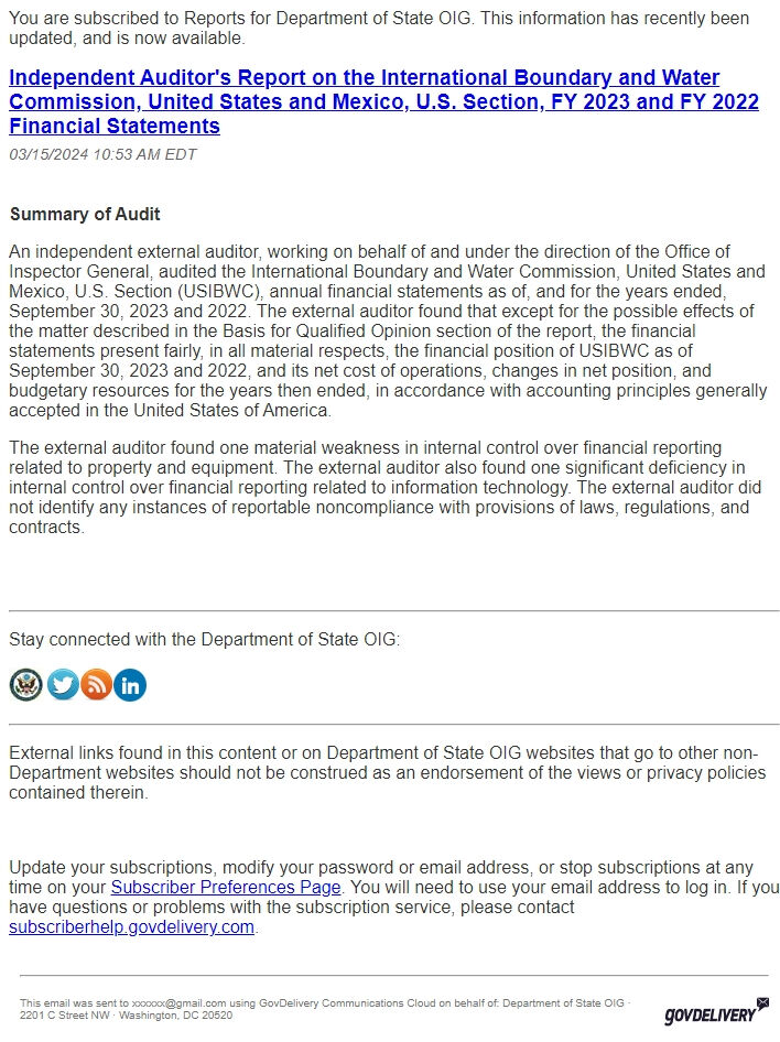 Screenshot of the email generated on import