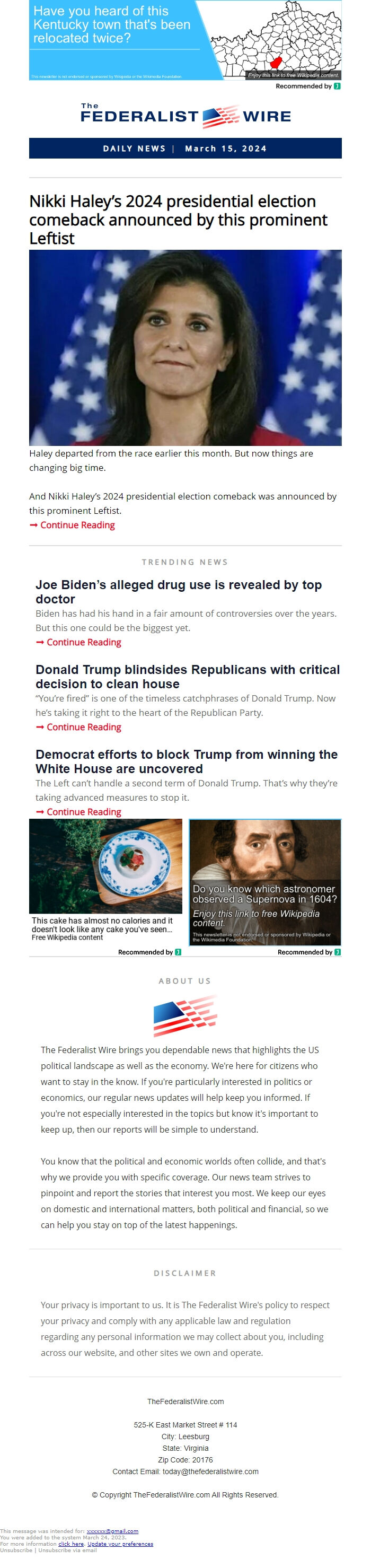 Screenshot of the email generated on import