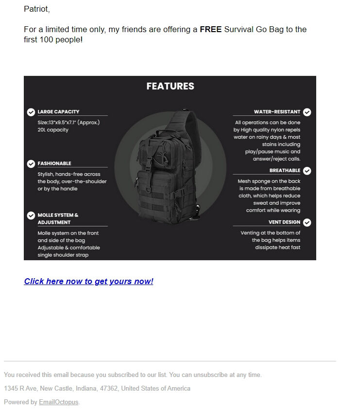 Screenshot of the email generated on import