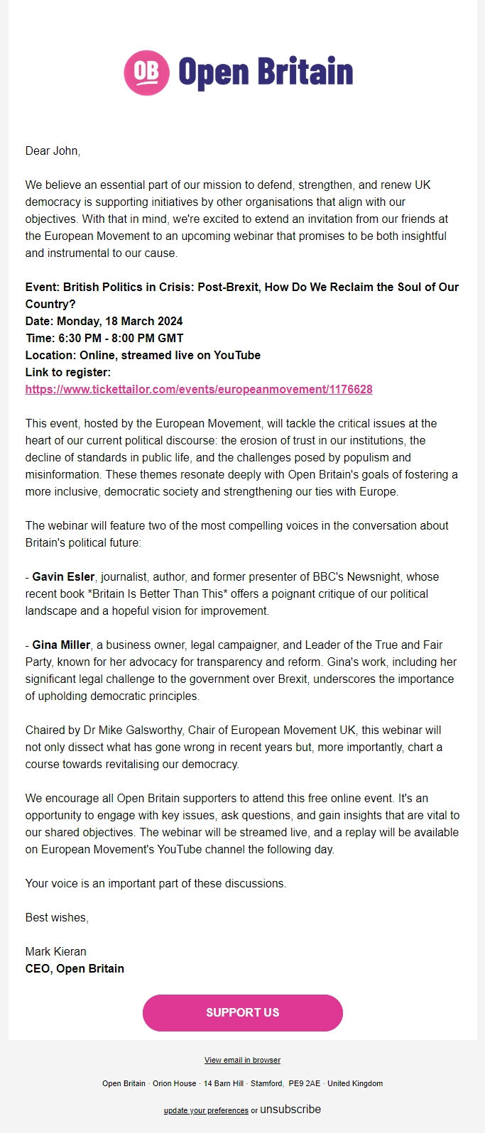 Screenshot of the email generated on import