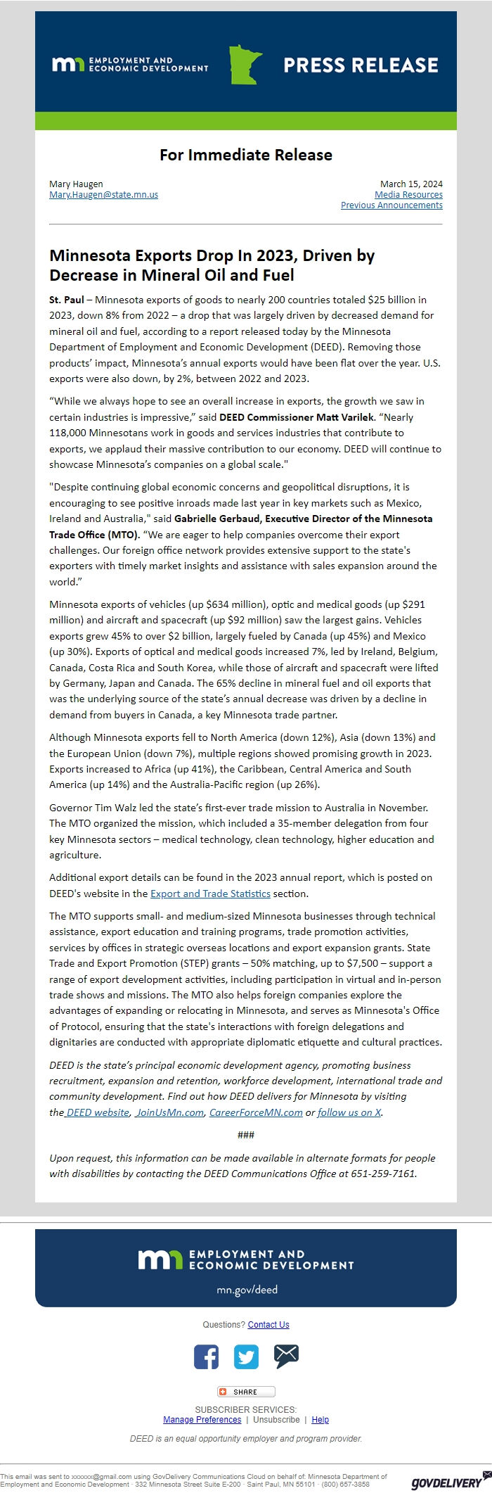 Screenshot of the email generated on import