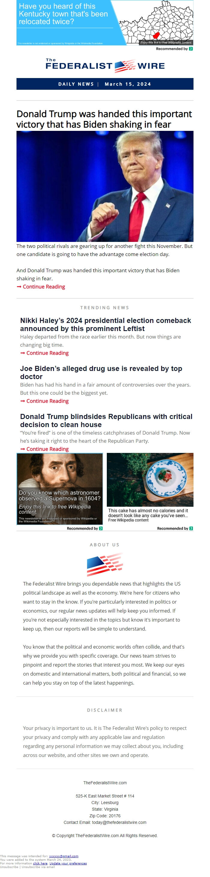 Screenshot of the email generated on import