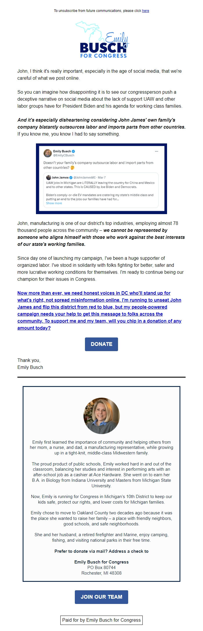 Screenshot of the email generated on import