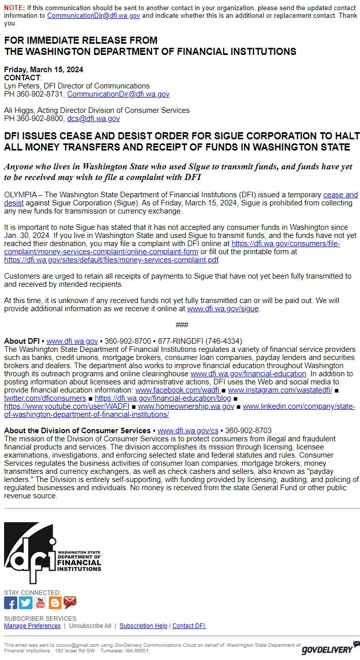 Screenshot of the email generated on import