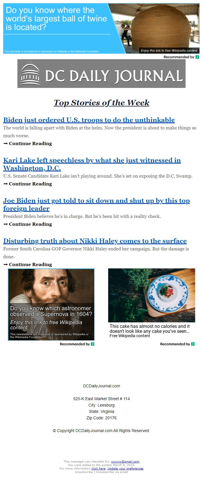 Screenshot of the email generated on import