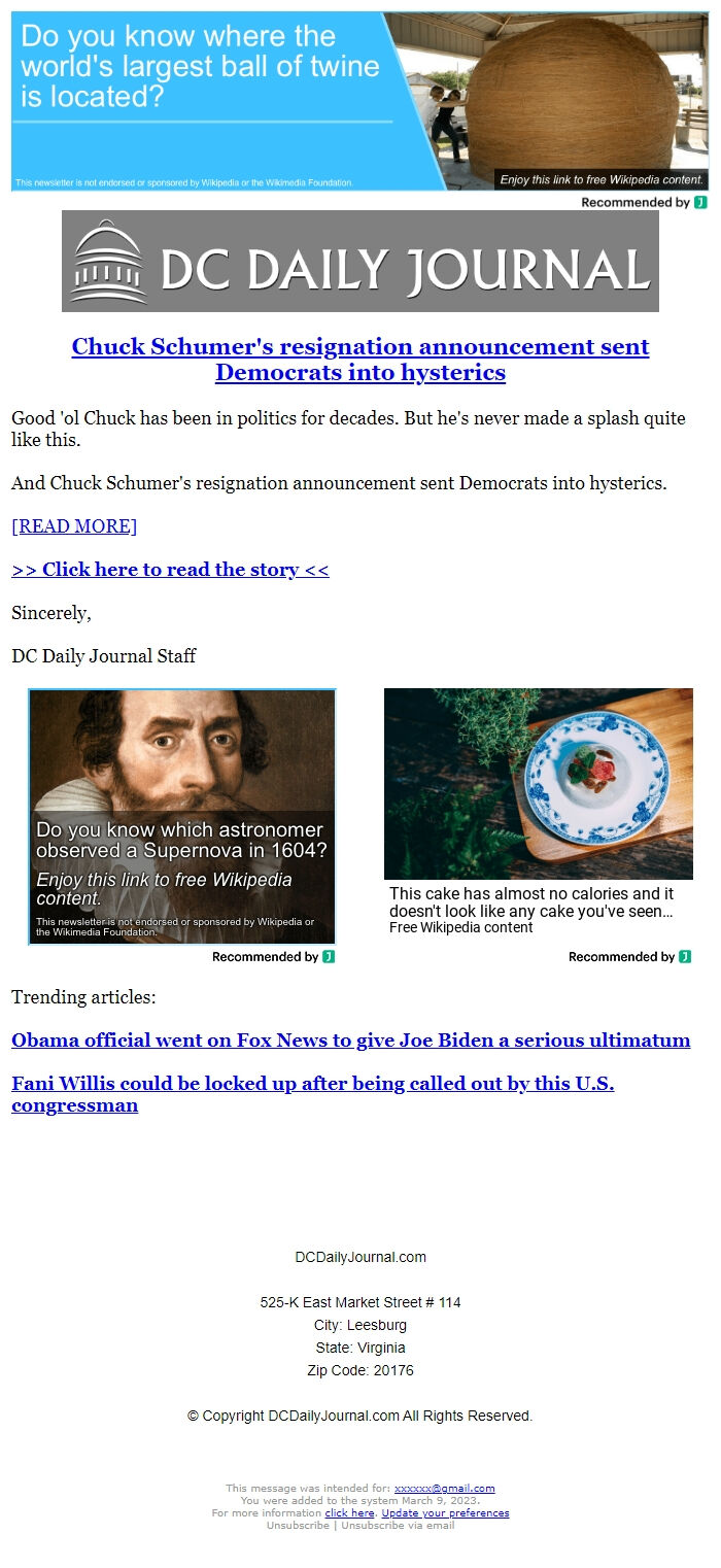 Screenshot of the email generated on import