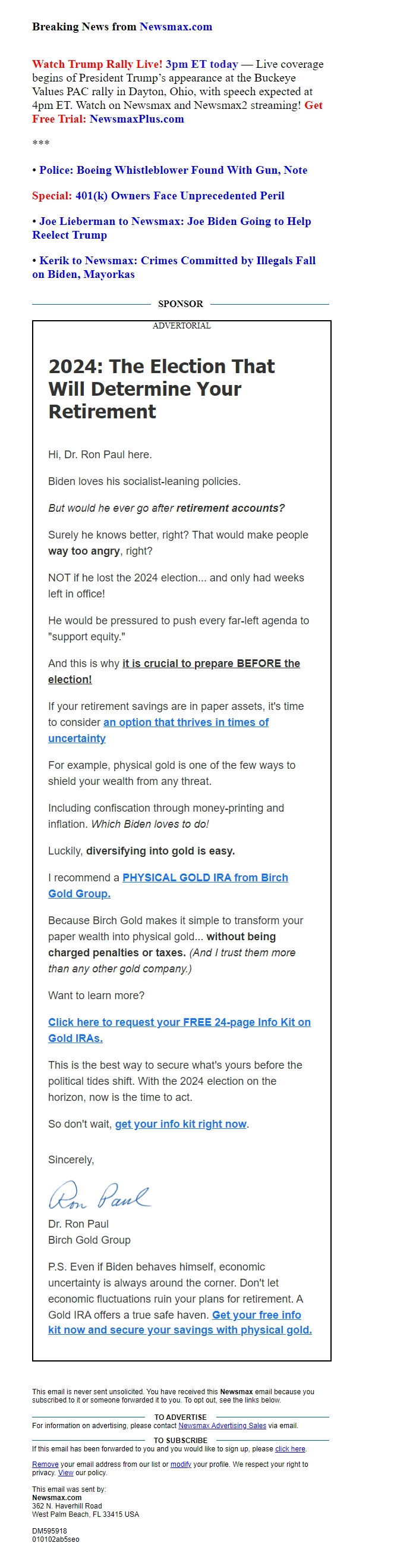 Screenshot of the email generated on import