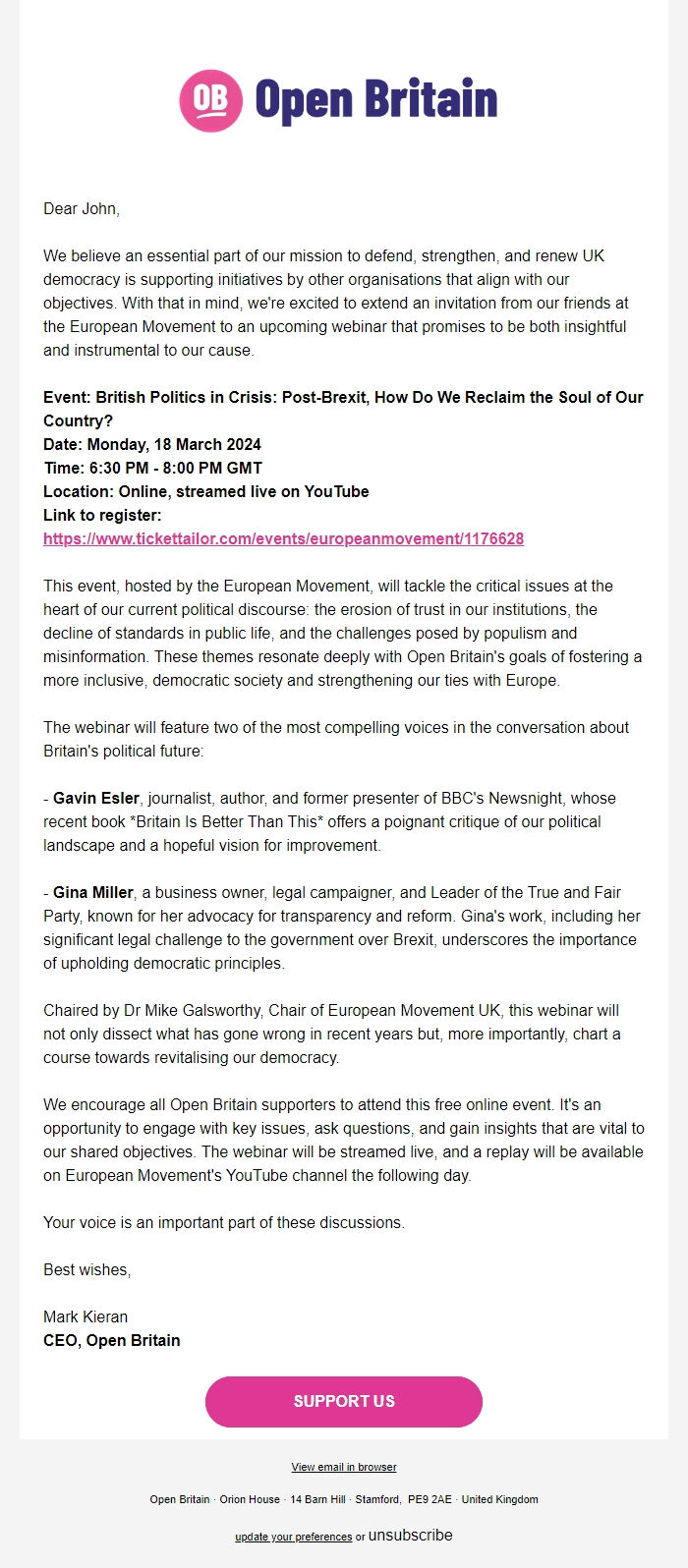 Screenshot of the email generated on import