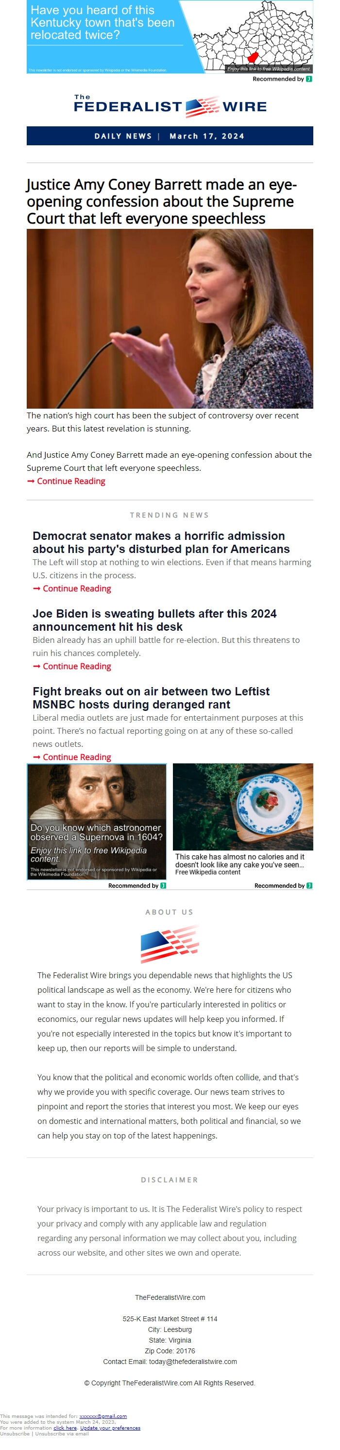 Screenshot of the email generated on import