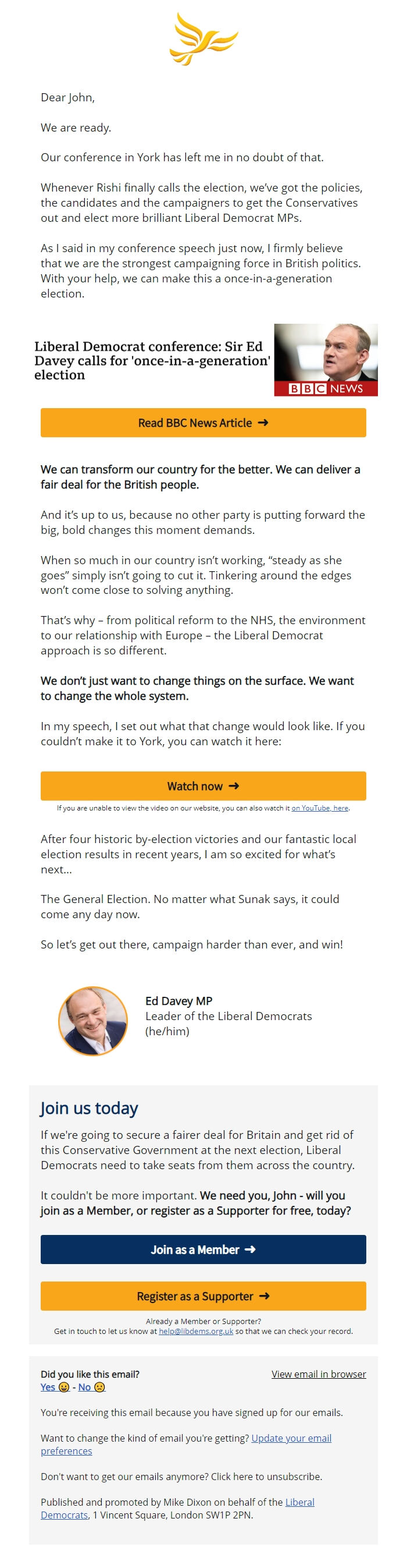 Screenshot of the email generated on import