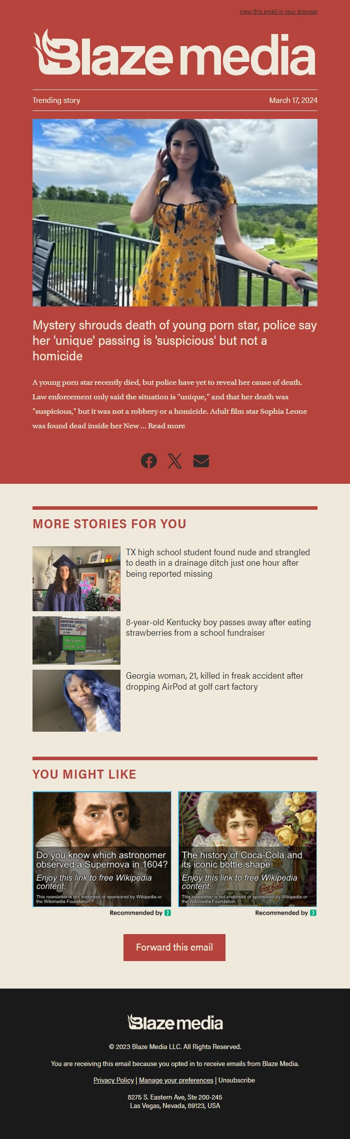 Screenshot of the email generated on import