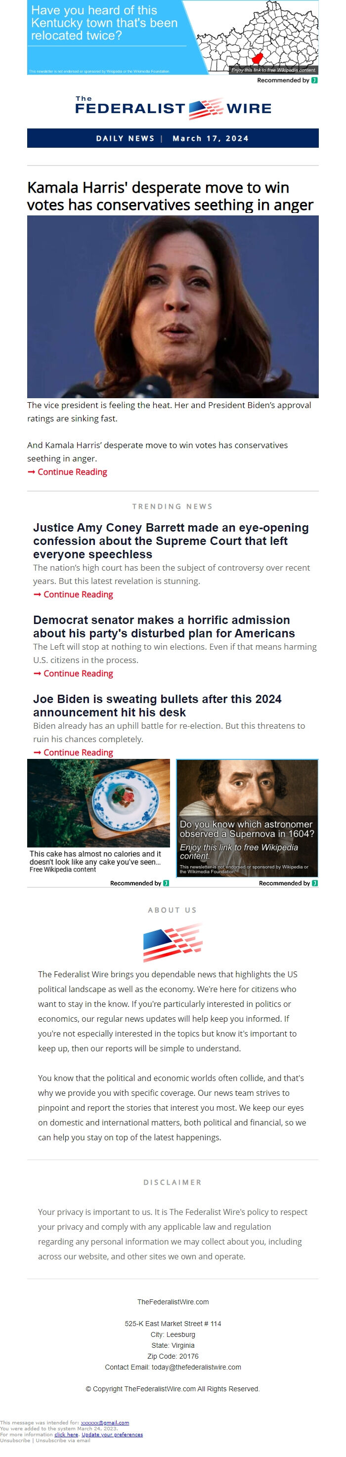 Screenshot of the email generated on import