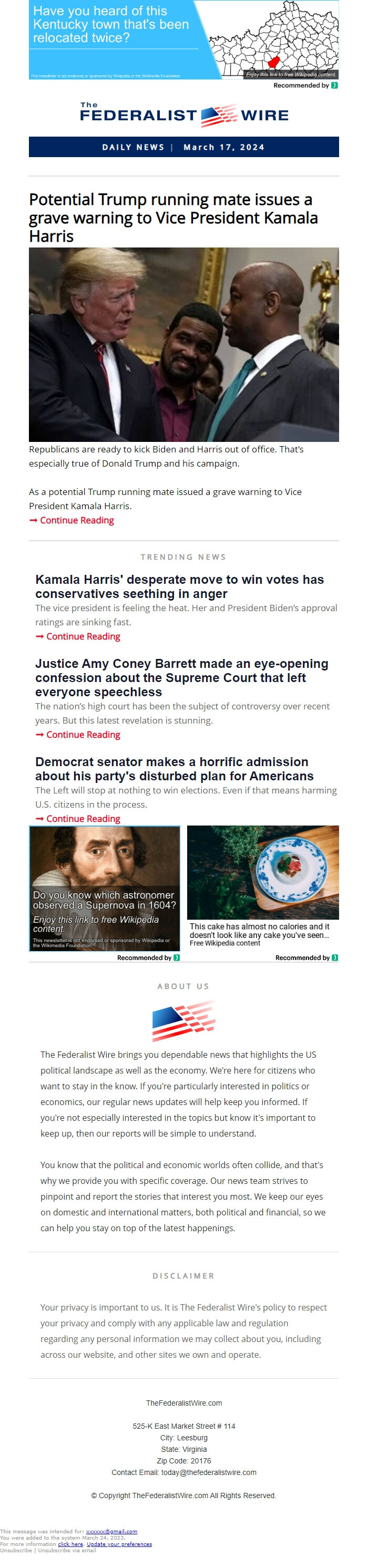 Screenshot of the email generated on import