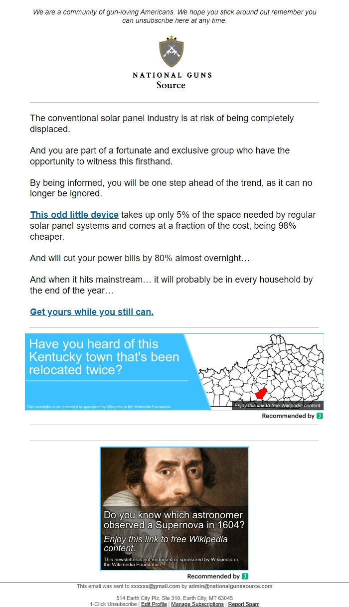 Screenshot of the email generated on import