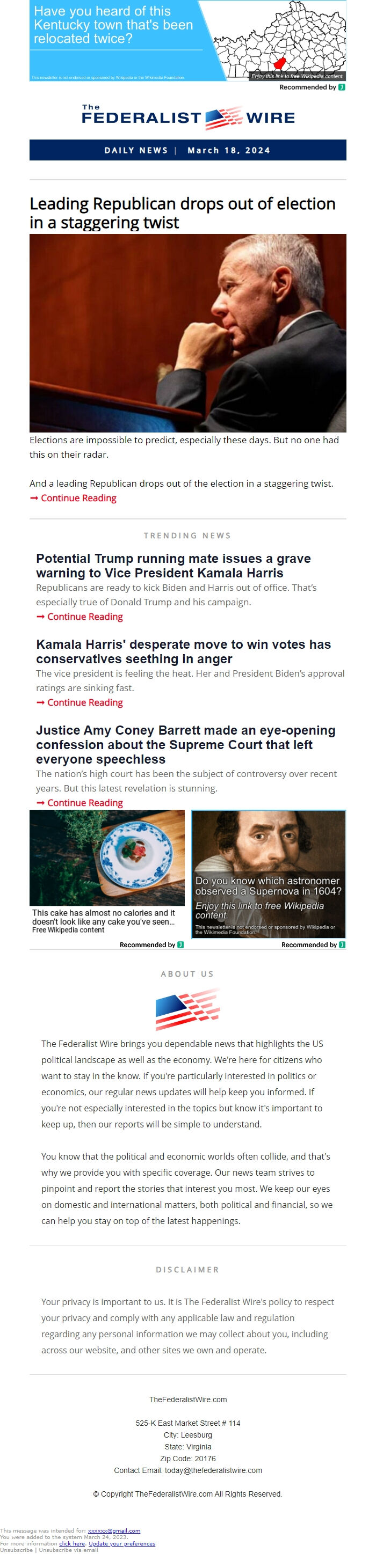 Screenshot of the email generated on import