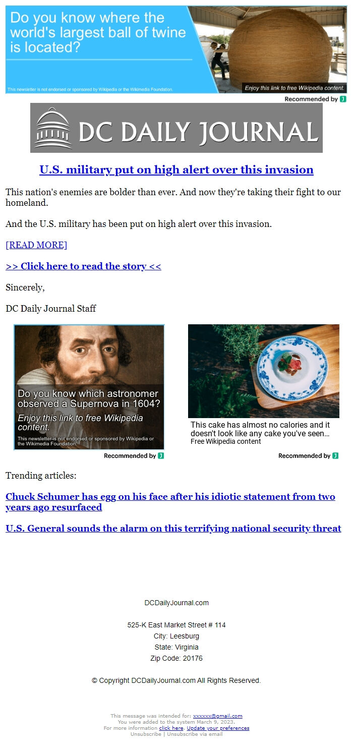 Screenshot of the email generated on import