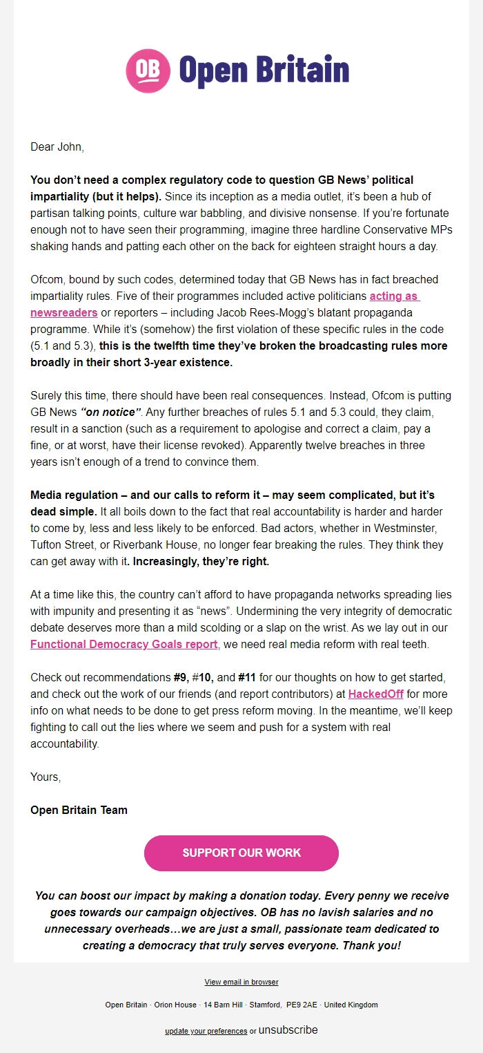 Screenshot of the email generated on import