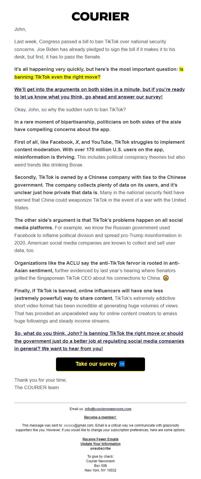 Screenshot of the email generated on import