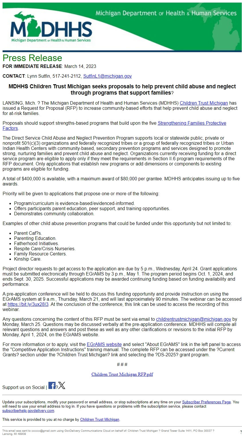 Screenshot of the email generated on import