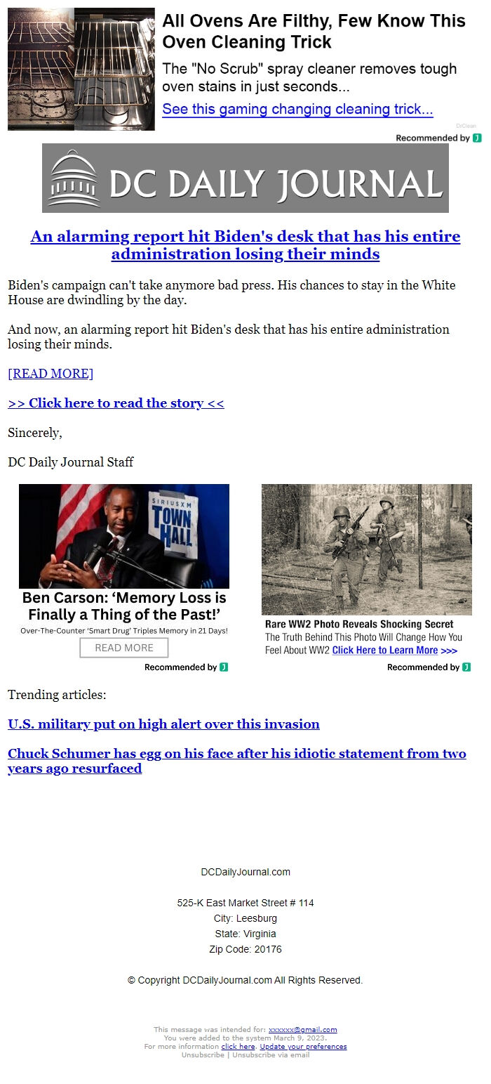 Screenshot of the email generated on import