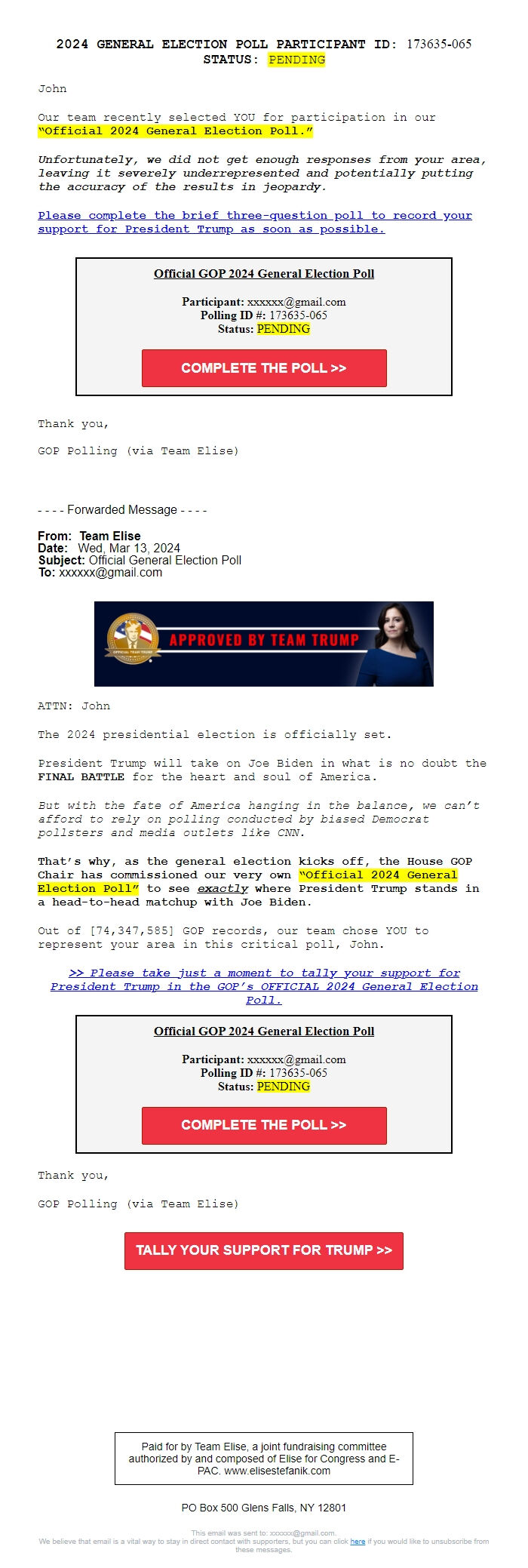 Screenshot of the email generated on import