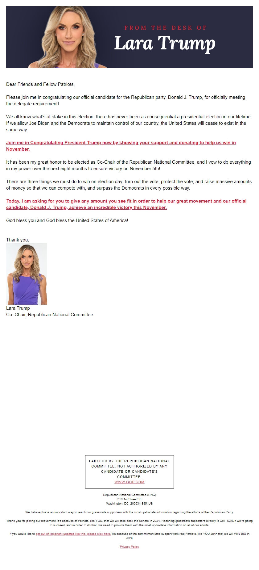 Screenshot of the email generated on import