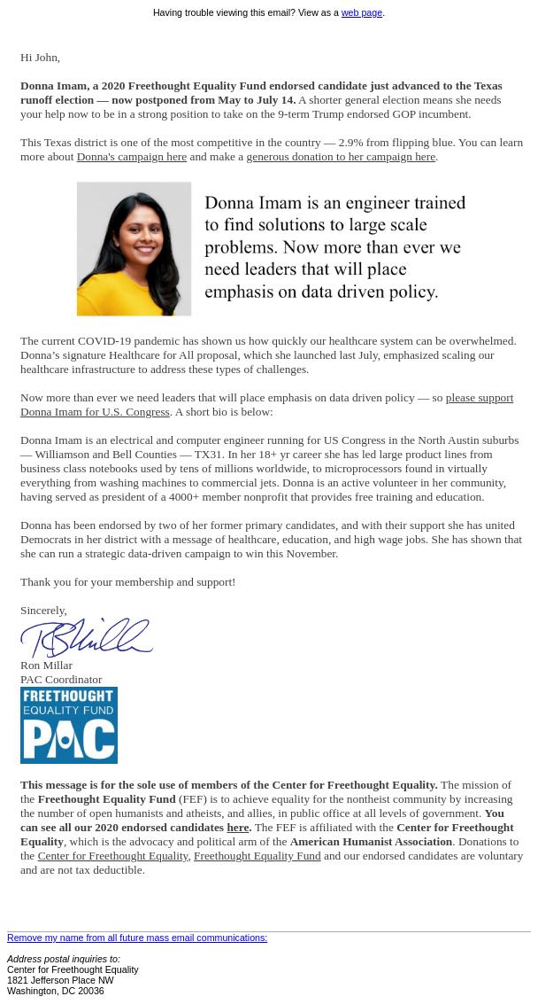 Screenshot of the email generated on import