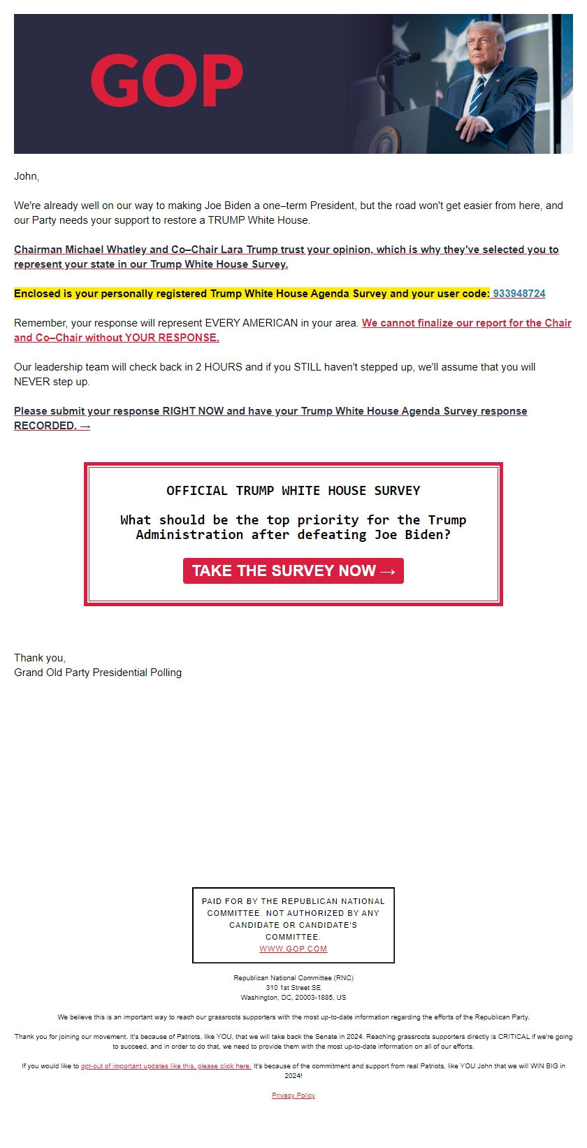 Screenshot of the email generated on import
