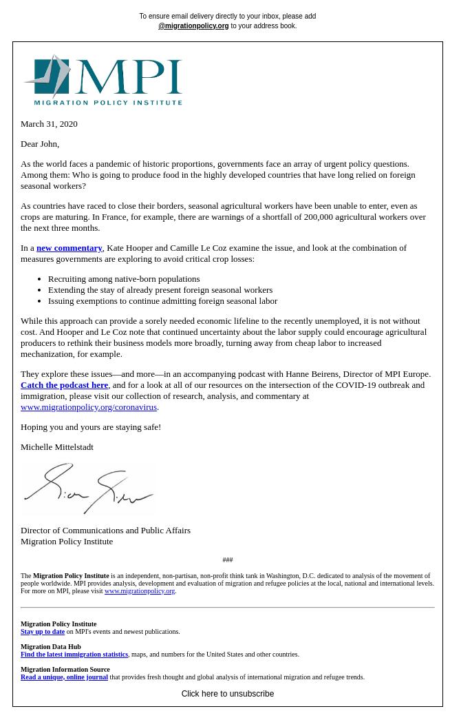 Screenshot of the email generated on import