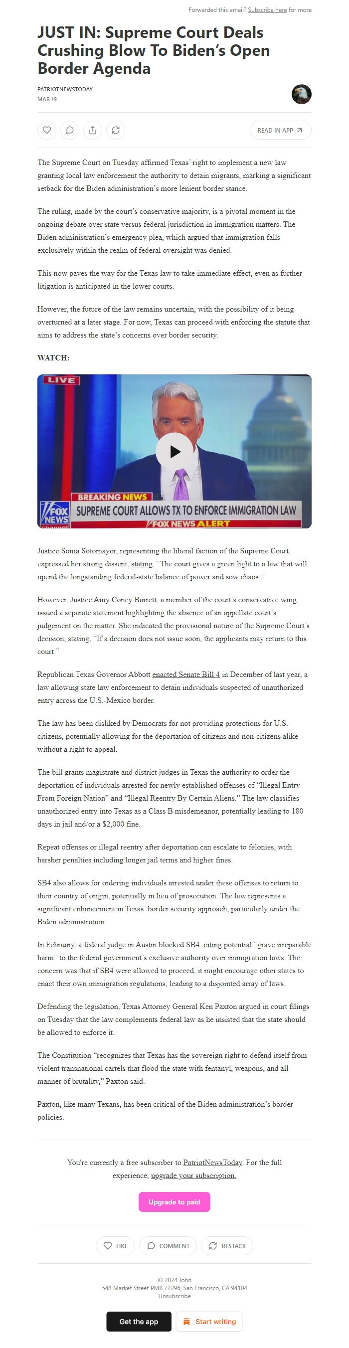 Screenshot of the email generated on import
