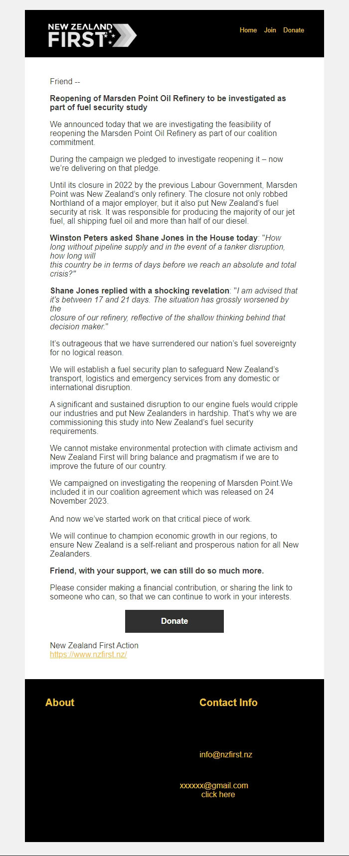 Screenshot of the email generated on import