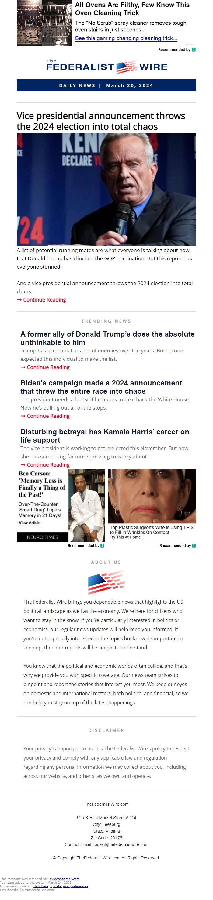 Screenshot of the email generated on import