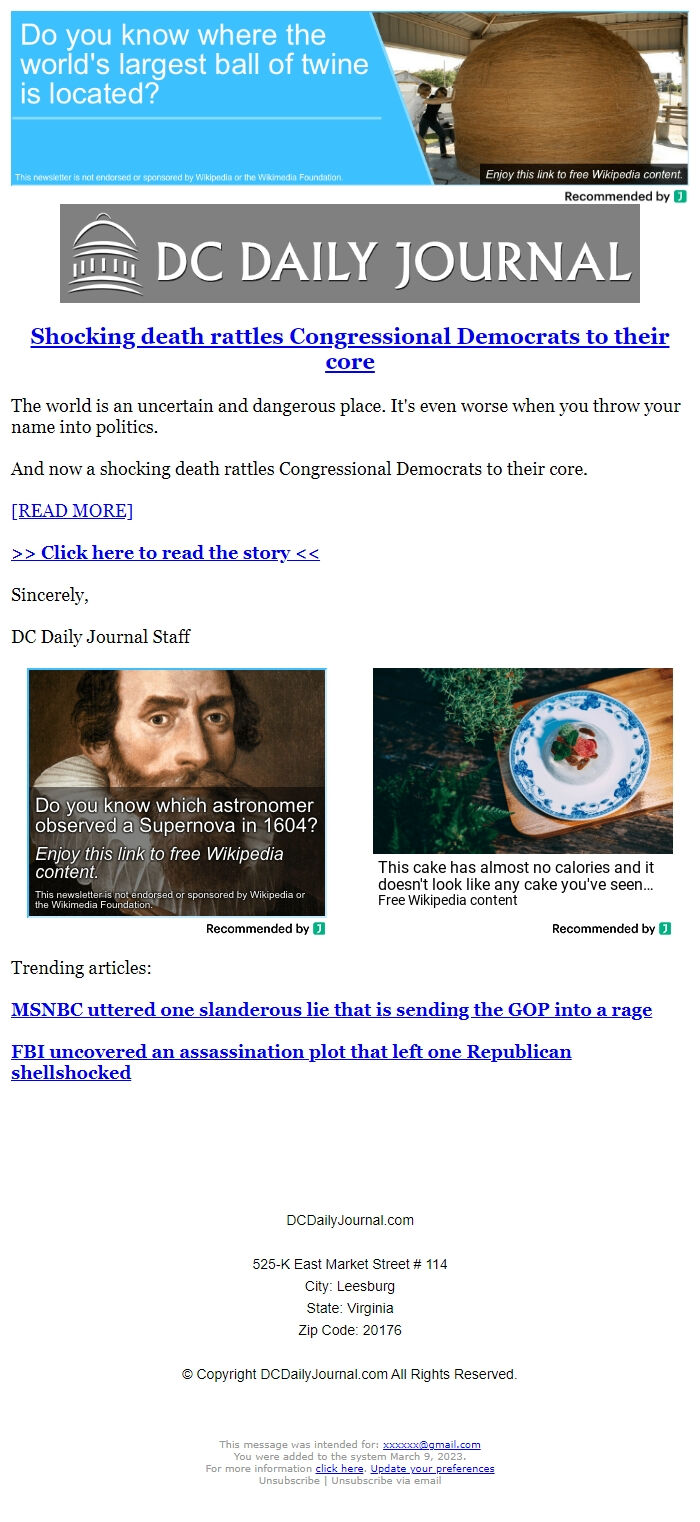 Screenshot of the email generated on import